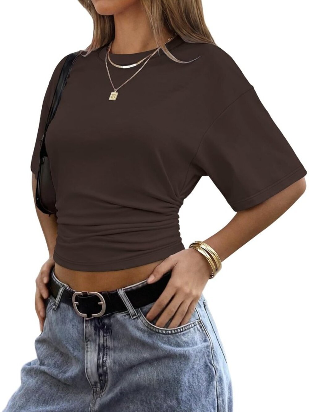 〽️Women's Chocolate Trendy Batwing Short Sleeve Ruched Waist Slim Fitted T Shirt